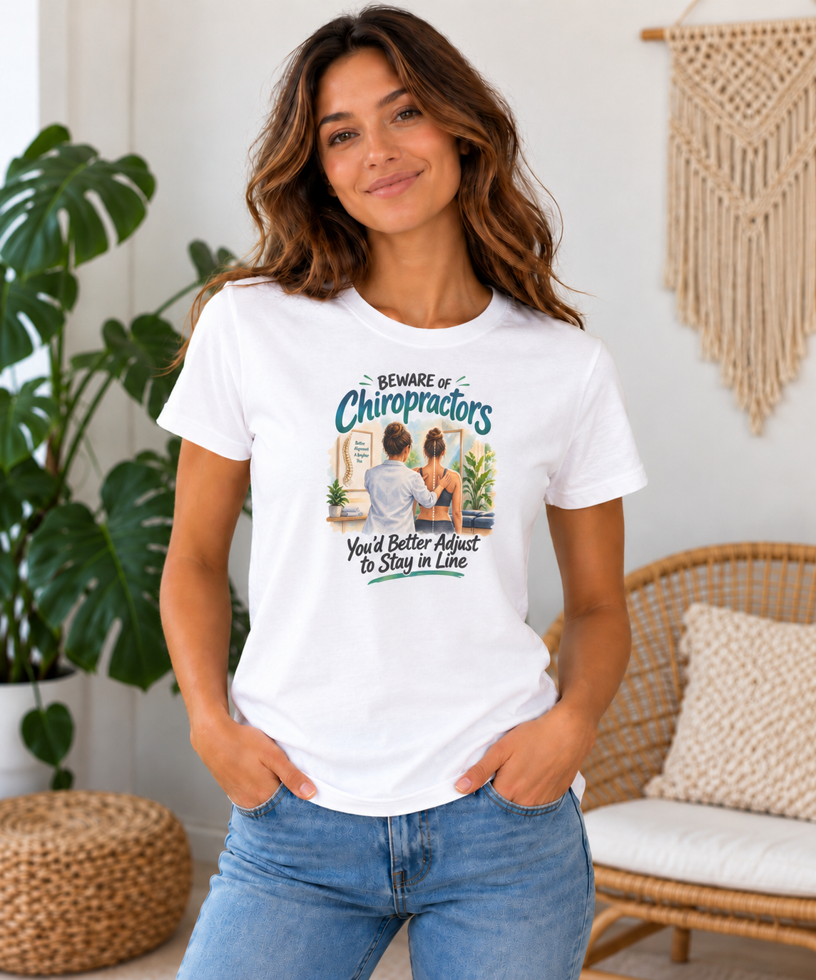 Beware of Chiropractors – You’d Better Adjust to Stay in Line | Funny Chiropractor T-Shirt – Female