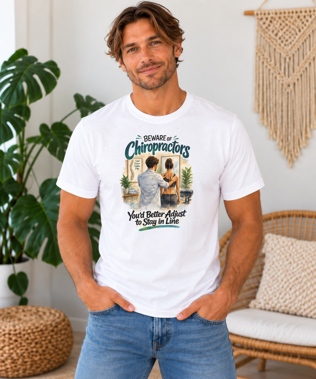 Beware of Chiropractors – You’d Better Adjust to Stay in Line | Funny Chiropractor T-Shirt – Male